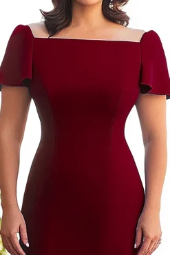 Borgonha Linha-A Pescoço Quadrado Longo Vestido Mae Noiva