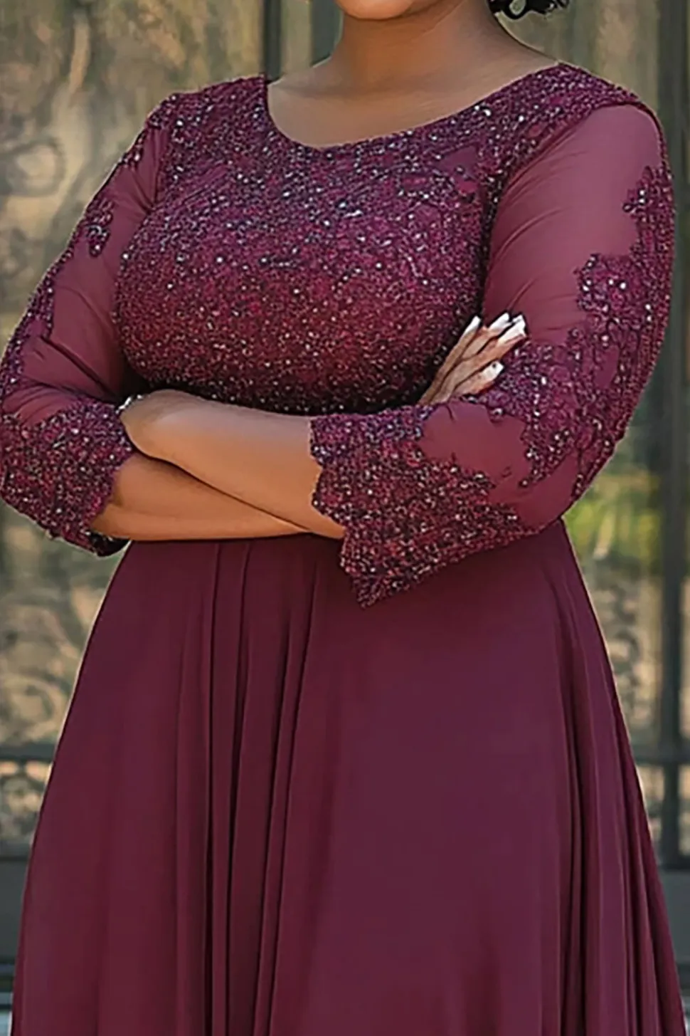 Borgonha Linha-A Pescoço Redondo Longo Vestido Mae Noiva