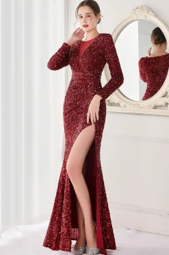 Borgonha Mangas Compridas Vestido de Noite