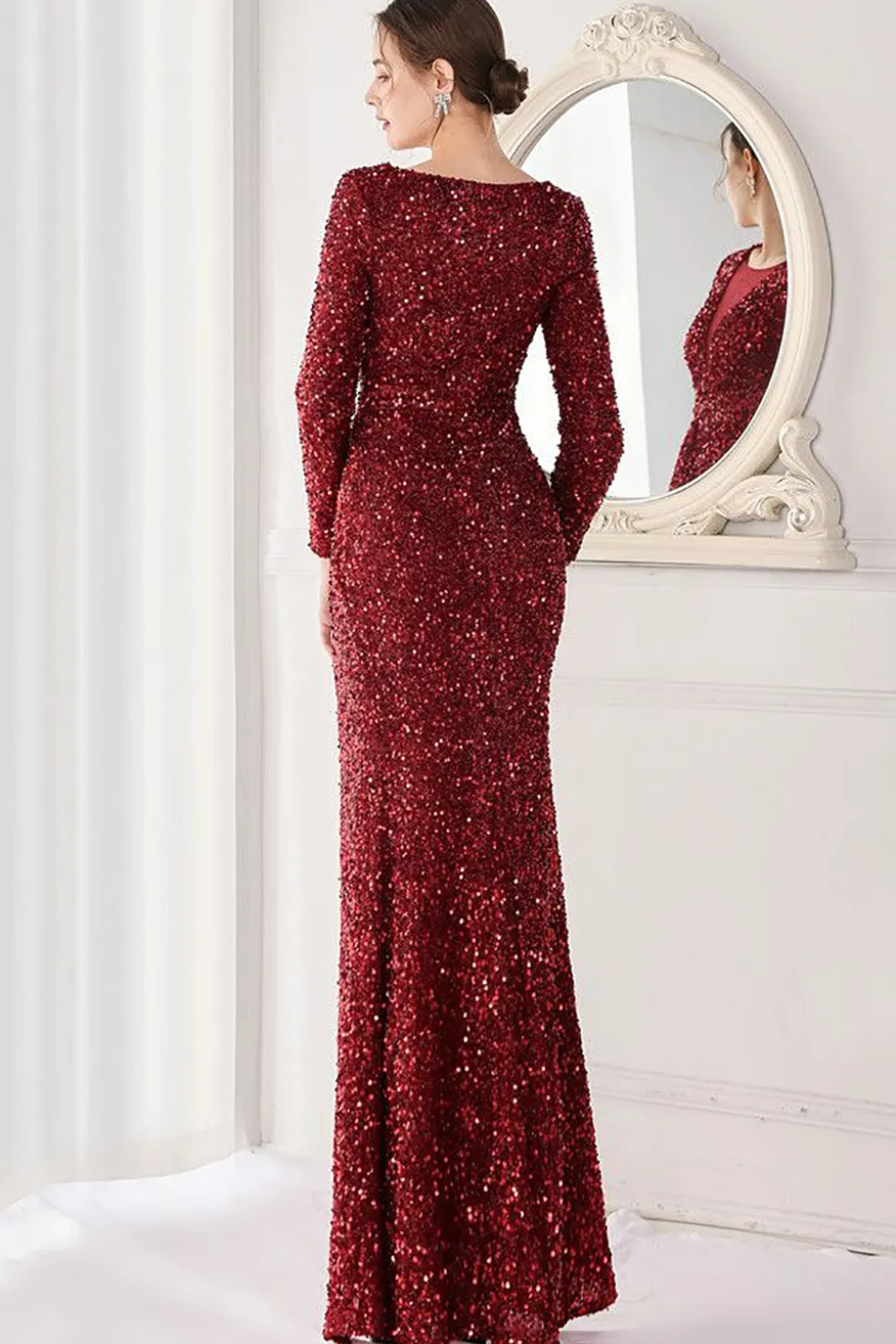 Borgonha Mangas Compridas Vestido de Noite