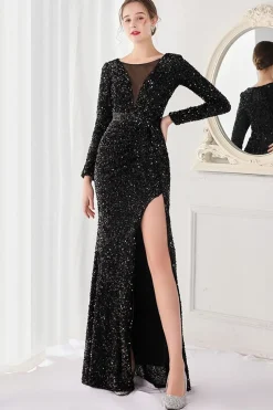 Borgonha Mangas Compridas Vestido de Noite