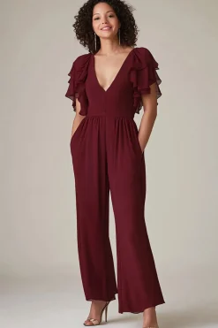 Borgonha Mangas Folhos Chiffon Macacão Mãe