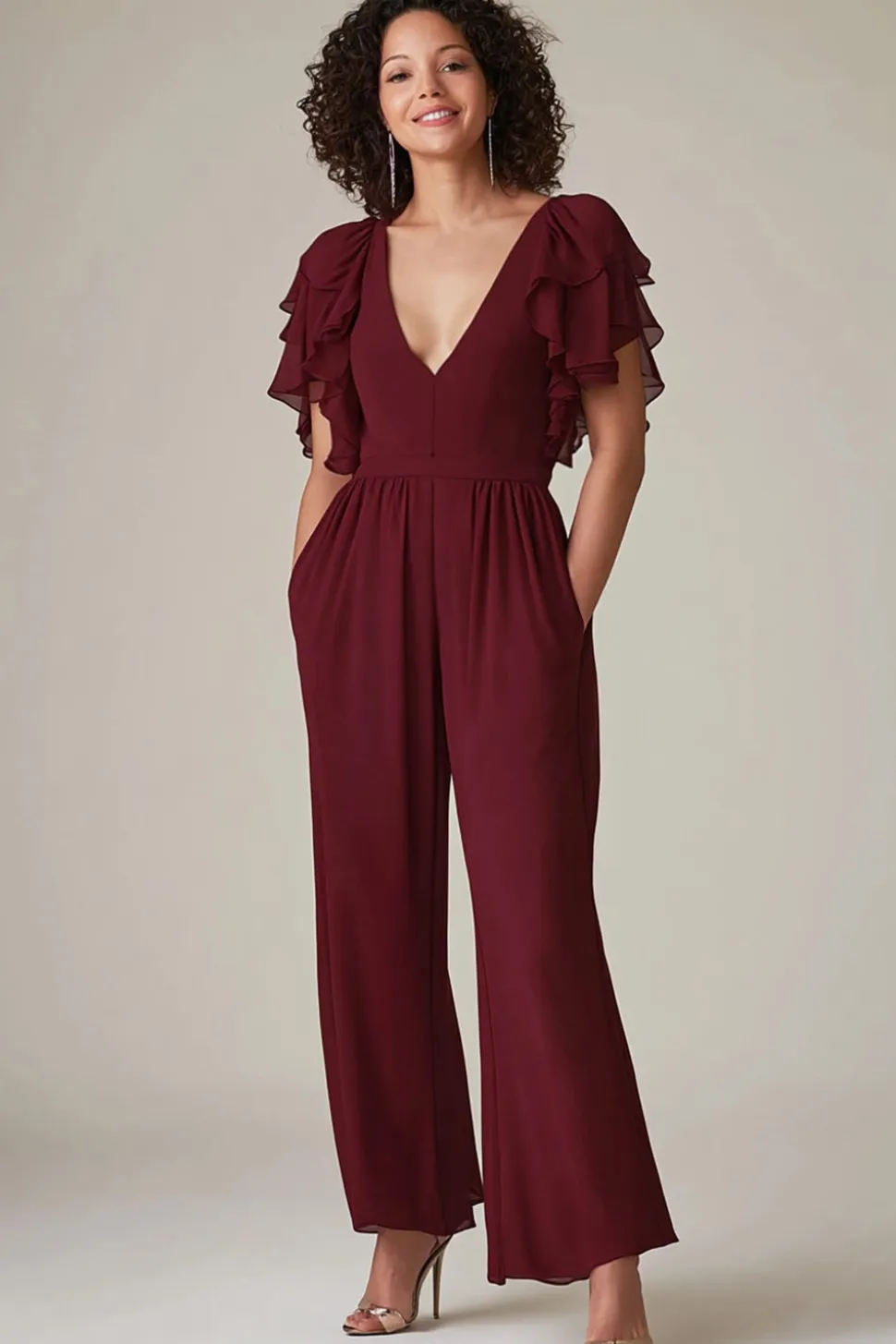 Borgonha Mangas Folhos Chiffon Macacão Mãe