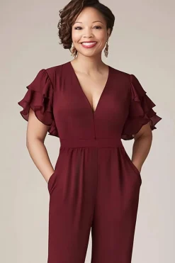 Borgonha Mangas Folhos Chiffon Macacão Mãe