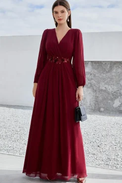 Borgonha Mangas Longas Uma Linha Mãe do Vestido da Noiva