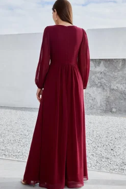 Borgonha Mangas Longas Uma Linha Mãe do Vestido da Noiva