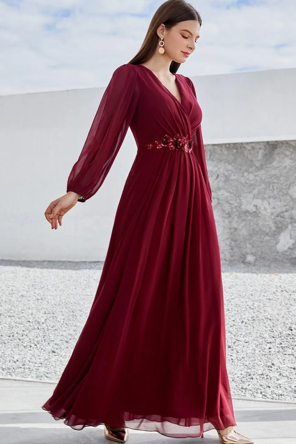 Borgonha Mangas Longas Uma Linha Mãe do Vestido da Noiva