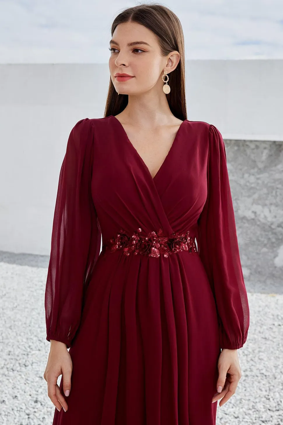 Borgonha Mangas Longas Uma Linha Mãe do Vestido da Noiva