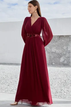 Borgonha Mangas Longas Uma Linha Mãe do Vestido da Noiva