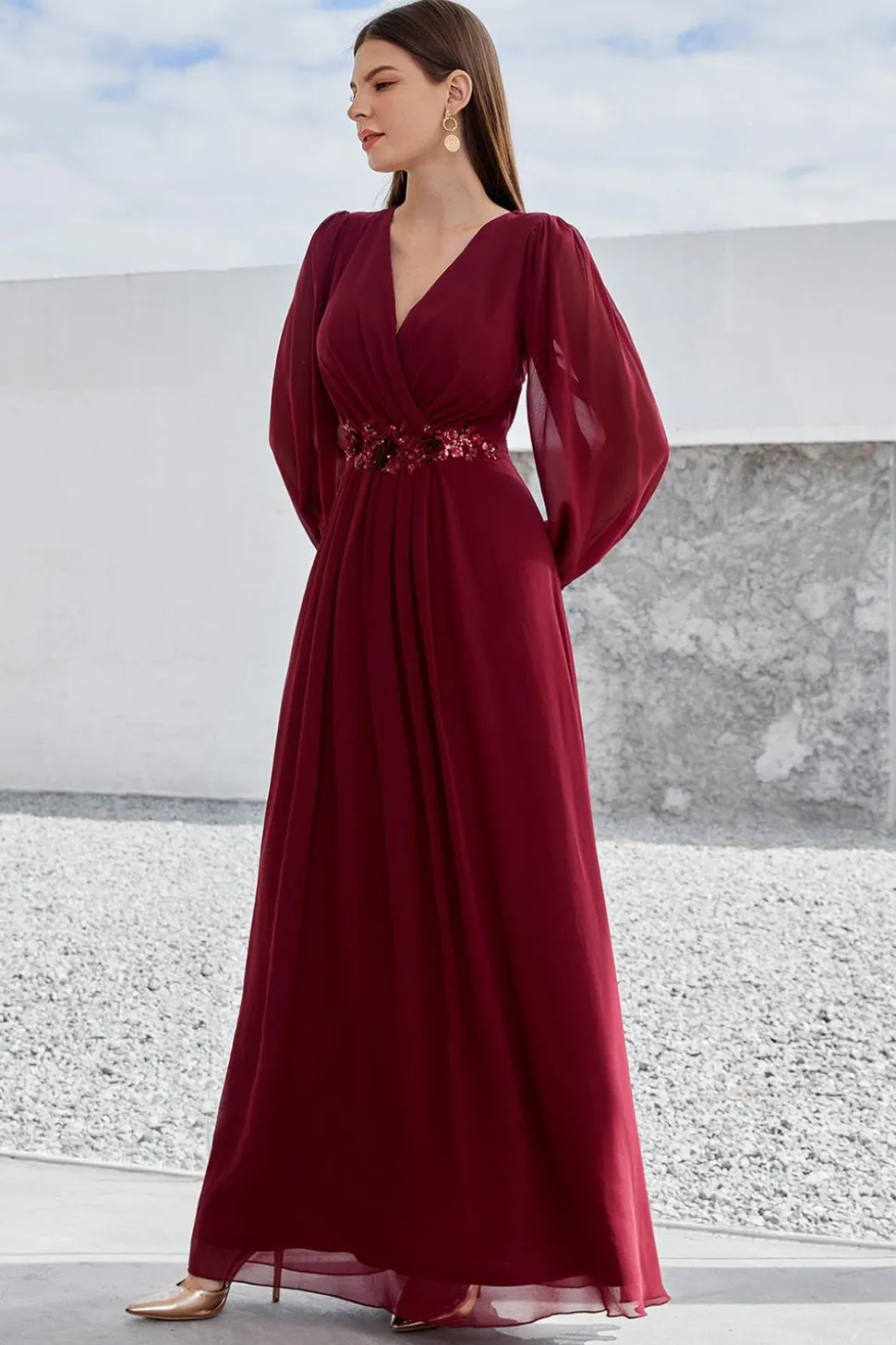 Borgonha Mangas Longas Uma Linha Mãe do Vestido da Noiva