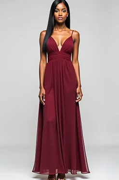 Borgonha Open Back Ruched Spaghetti Strapless Vestido Longo Madrinha