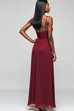 Borgonha Open Back Ruched Spaghetti Strapless Vestido Longo Madrinha