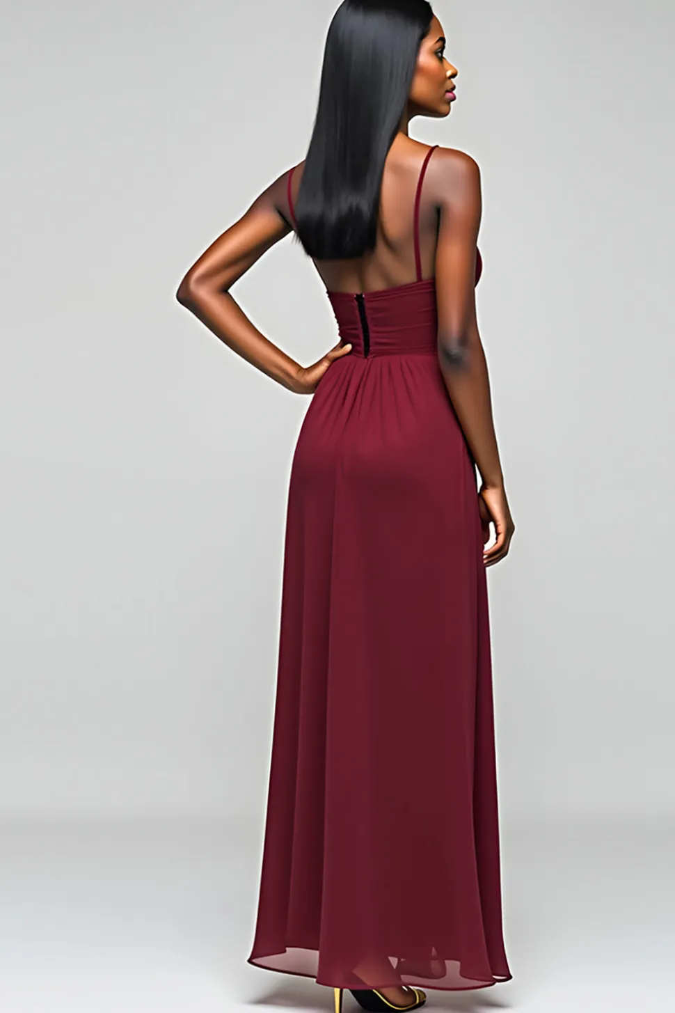 Borgonha Open Back Ruched Spaghetti Strapless Vestido Longo Madrinha