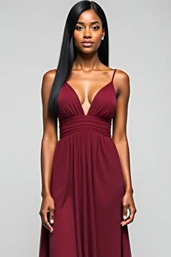 Borgonha Open Back Ruched Spaghetti Strapless Vestido Longo Madrinha