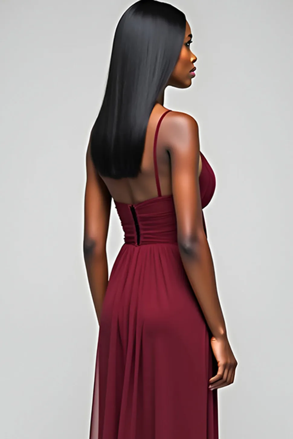 Borgonha Open Back Ruched Spaghetti Strapless Vestido Longo Madrinha