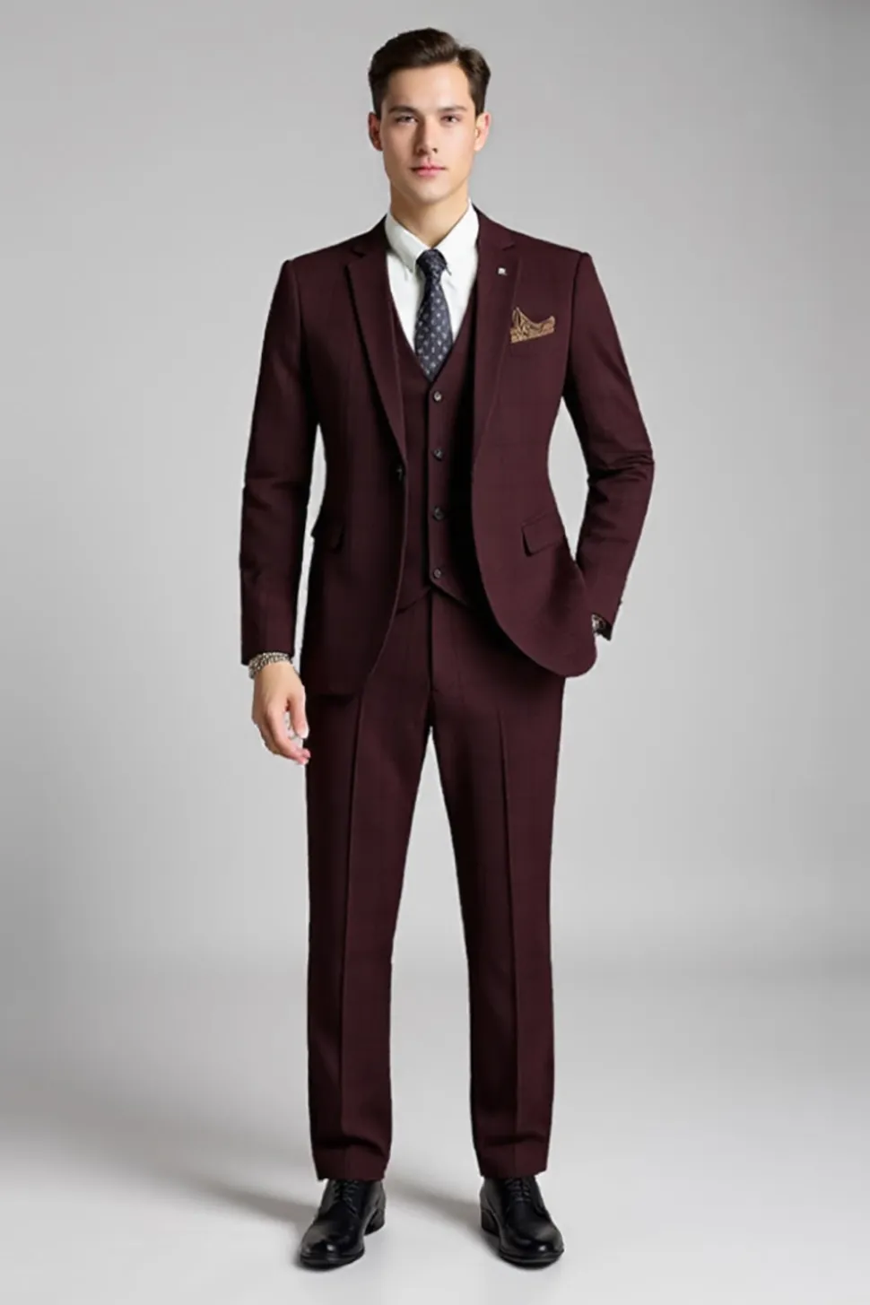 Borgonha Plaid Notched Lapela 3 Peças Fato Homem