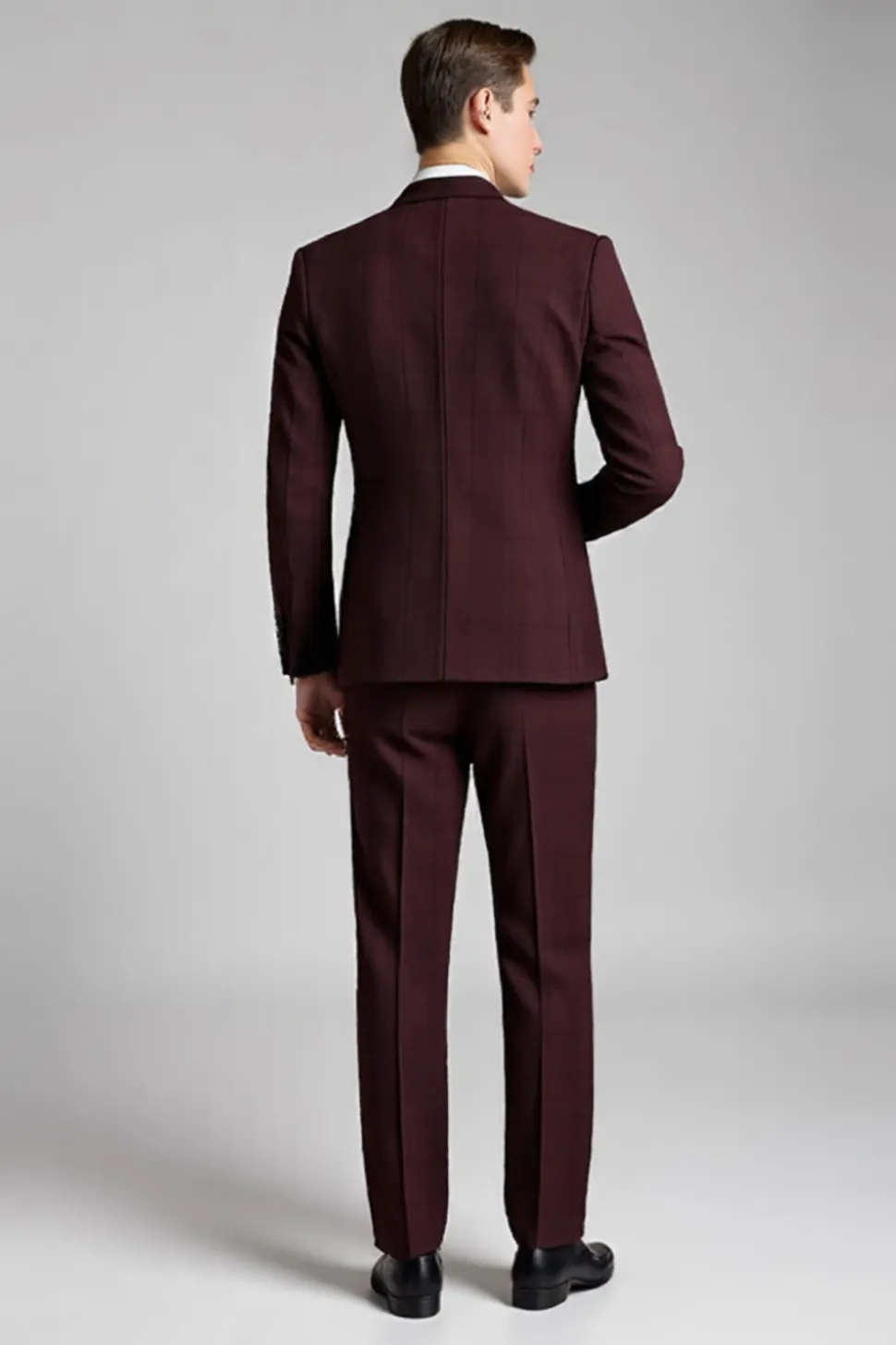 Borgonha Plaid Notched Lapela 3 Peças Fato Homem