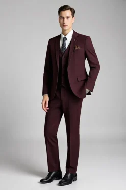 Borgonha Plaid Notched Lapela 3 Peças Fato Homem