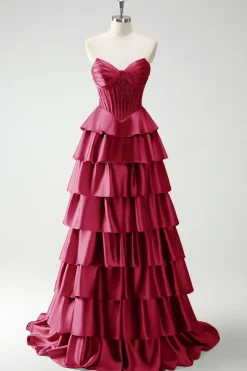 Borgonha princesa querida frisado espartilho longo vestido de baile com fenda