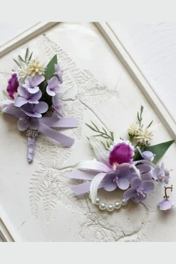 Borgonha Prom Corsage de Pulso e Boutonniere Masculino com Pérolas