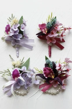Borgonha Prom Corsage de Pulso e Boutonniere Masculino com Pérolas