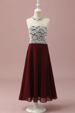 Borgonha Renda Chiffon Halter Vestido Dama de Honra Júnior