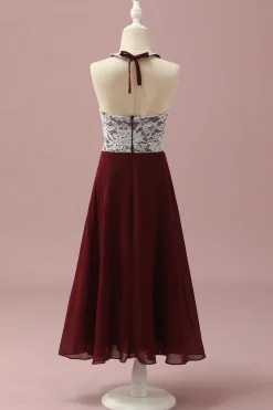 Borgonha Renda Chiffon Halter Vestido Dama de Honra Júnior