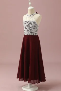 Borgonha Renda Chiffon Halter Vestido Dama de Honra Júnior