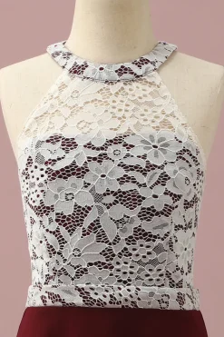 Borgonha Renda Chiffon Halter Vestido Dama de Honra Júnior