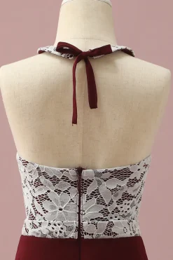 Borgonha Renda Chiffon Halter Vestido Dama de Honra Júnior