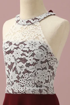 Borgonha Renda Chiffon Halter Vestido Dama de Honra Júnior