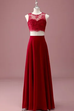 Borgonha Renda Pescoço Redondo Uma Linha Long Junior Vestido de Madrinha com Crop Top
