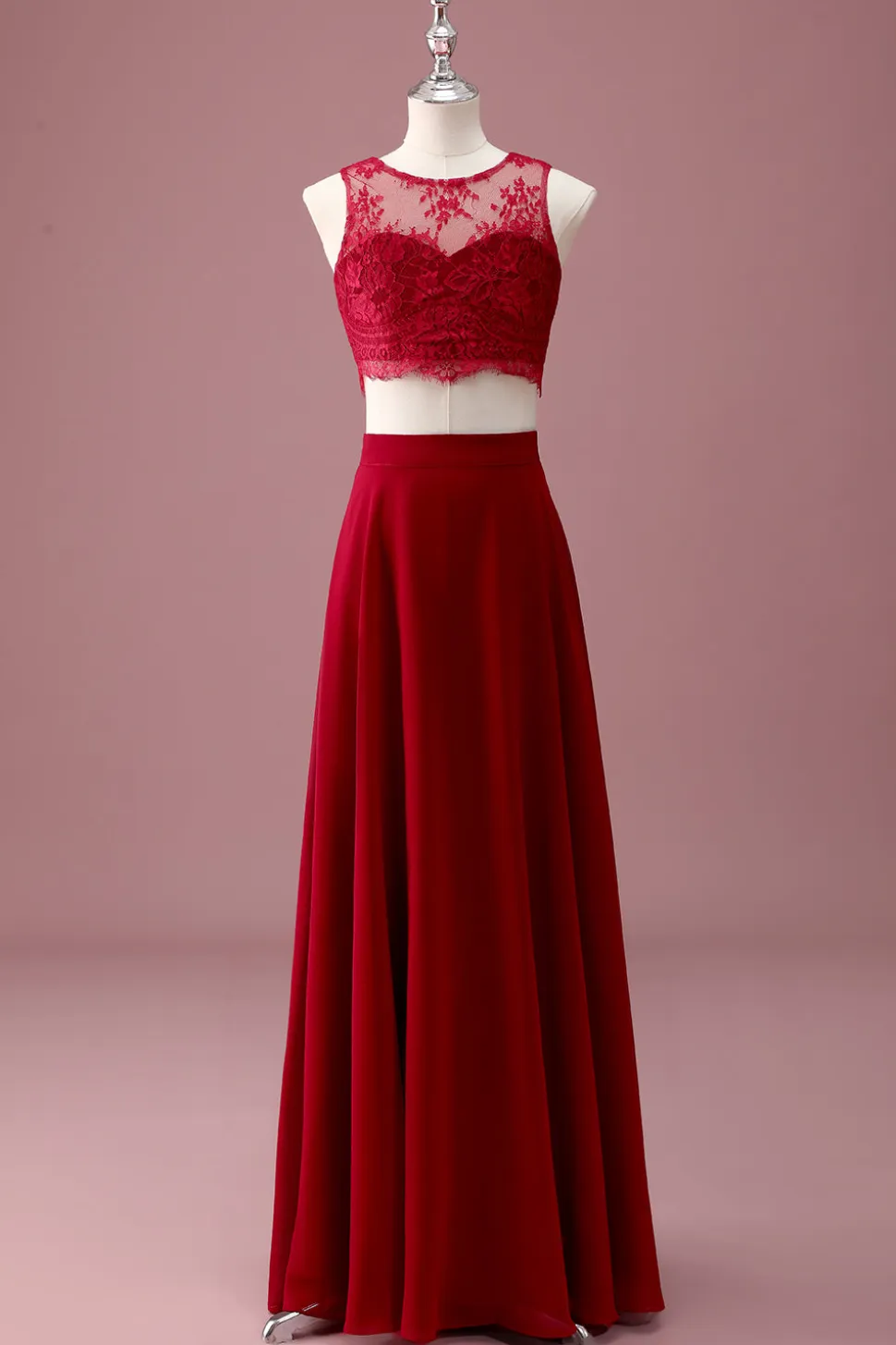 Borgonha Renda Pescoço Redondo Uma Linha Long Junior Vestido de Madrinha com Crop Top