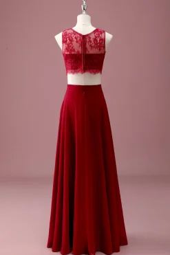 Borgonha Renda Pescoço Redondo Uma Linha Long Junior Vestido de Madrinha com Crop Top