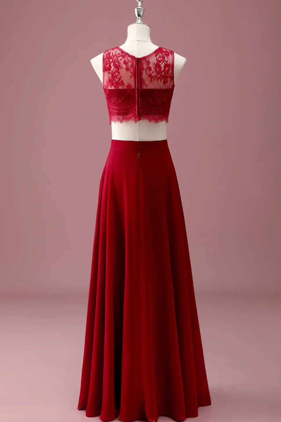 Borgonha Renda Pescoço Redondo Uma Linha Long Junior Vestido de Madrinha com Crop Top