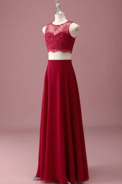 Borgonha Renda Pescoço Redondo Uma Linha Long Junior Vestido de Madrinha com Crop Top