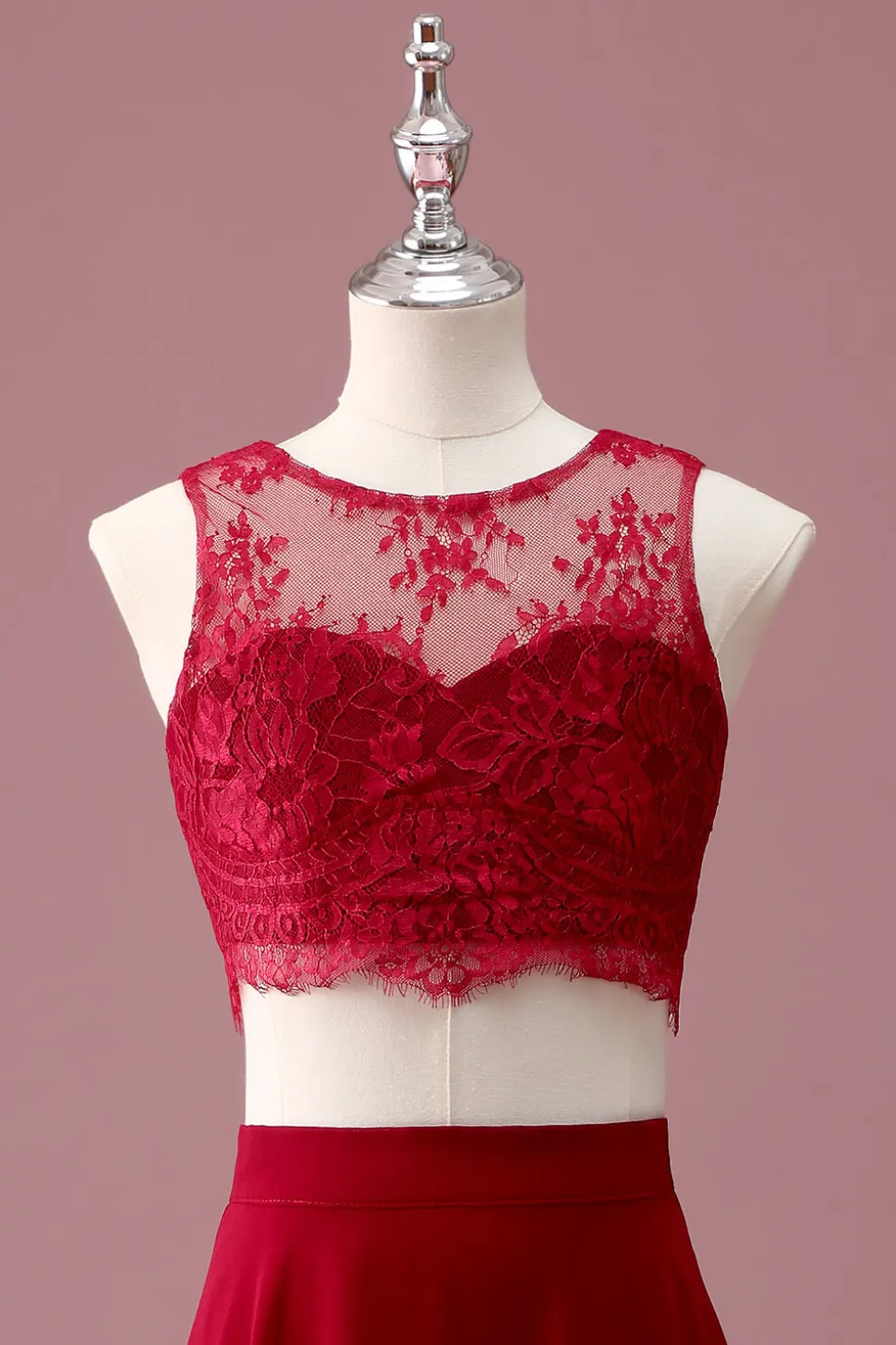 Borgonha Renda Pescoço Redondo Uma Linha Long Junior Vestido de Madrinha com Crop Top