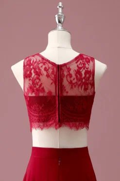 Borgonha Renda Pescoço Redondo Uma Linha Long Junior Vestido de Madrinha com Crop Top