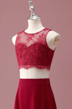 Borgonha Renda Pescoço Redondo Uma Linha Long Junior Vestido de Madrinha com Crop Top