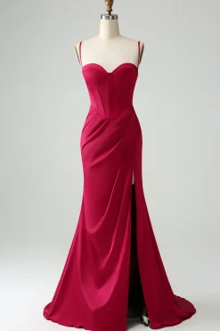 Borgonha Sereia Esparguete Correias Longo Corset Prom Dress com Fenda