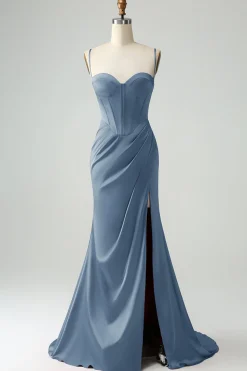 Borgonha Sereia Esparguete Correias Longo Corset Prom Dress com Fenda