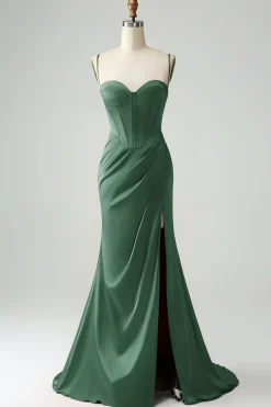 Borgonha Sereia Esparguete Correias Longo Corset Prom Dress com Fenda