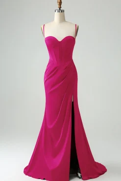 Borgonha Sereia Esparguete Correias Longo Corset Prom Dress com Fenda