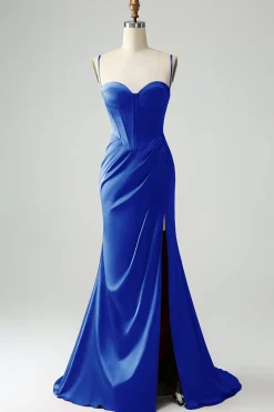 Borgonha Sereia Esparguete Correias Longo Corset Prom Dress com Fenda