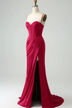 Borgonha Sereia Esparguete Correias Longo Corset Prom Dress com Fenda