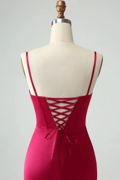 Borgonha Sereia Esparguete Correias Longo Corset Prom Dress com Fenda