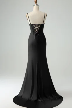 Borgonha Sereia Esparguete Correias Longo Corset Prom Dress com Fenda