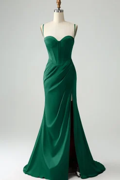 Borgonha Sereia Esparguete Correias Longo Corset Prom Dress com Fenda