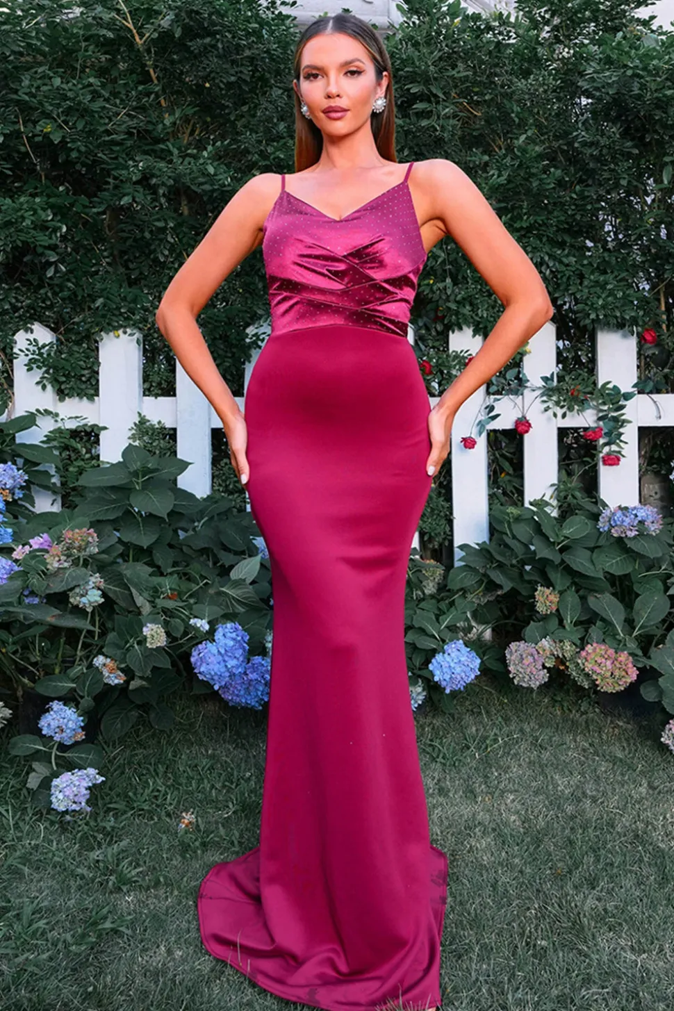 Borgonha Sereia Esparguete Correias Ruched Vestido Formal Longo