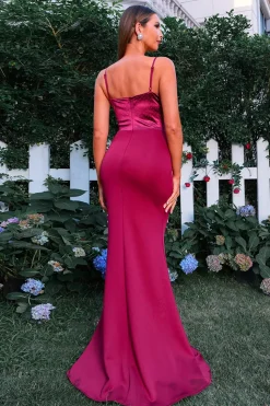 Borgonha Sereia Esparguete Correias Ruched Vestido Formal Longo